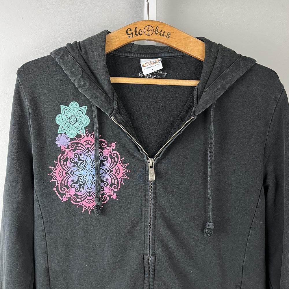 Crazy Shirts Graphic Hoodie Sweatshirt Womens L Black Floral Full‎ Zip Beachy
